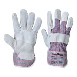 A pair of grey leather work gloves with a reinforced palm and adjustable wrist strap, offering durable hand protection.