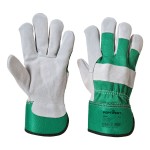 A pair of green leather work gloves with a reinforced palm and adjustable wrist strap, offering durable hand protection.