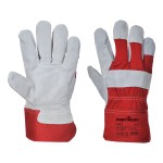 A pair of red leather work gloves with a reinforced palm and adjustable wrist strap, offering durable hand protection.