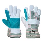 A pair of grey leather work gloves with a reinforced palm and adjustable wrist strap, offering durable hand protection.
