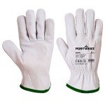A pair of grey leather work gloves with a reinforced palm and adjustable wrist strap, offering durable hand protection.