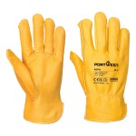 A pair of tan leather work gloves with a reinforced palm and adjustable wrist strap, offering durable hand protection.
