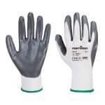 A pair of grey disposable nitrile gloves with a textured fingertip for grip, offering protection against chemicals and contaminants.