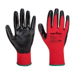 A pair of red disposable nitrile gloves with a textured fingertip for grip, offering protection against chemicals and contaminants.