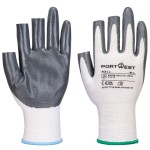 A pair of white disposable nitrile gloves with a textured fingertip for grip, offering protection against chemicals and contaminants.
