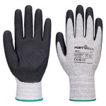 A pair of grey disposable nitrile gloves with a textured fingertip for grip, offering protection against chemicals and contaminants.