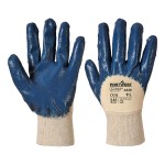 A pair of navy blue disposable nitrile gloves with a textured fingertip for grip, offering protection against chemicals and contaminants.