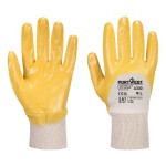 A pair of yellow disposable nitrile gloves with a textured fingertip for grip, offering protection against chemicals and contaminants.