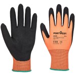 A pair of orange disposable nitrile gloves with a textured fingertip for grip, offering protection against chemicals and contaminants.