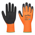 A pair of high-visibility orange disposable nitrile gloves with a textured fingertip for grip, offering protection against chemicals and contaminants.
