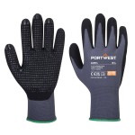 A pair of grey disposable nitrile gloves with a textured fingertip for grip, offering protection against chemicals and contaminants.