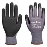 A pair of grey disposable nitrile gloves with a textured fingertip for grip, offering protection against chemicals and contaminants.