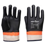 A pair of black work gloves with a textured grip palm and adjustable wrist closure, designed for general site use.