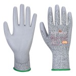 A pair of grey work gloves with a textured grip palm and adjustable wrist closure, designed for general site use.