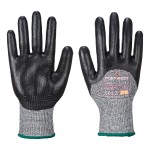 A pair of black work gloves with cut-level D13 protection, a textured grip palm, and an elasticated cuff for a secure fit.