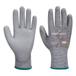 A pair of grey work gloves with cut-level C13 protection, a textured grip palm, and an elasticated cuff for a secure fit.