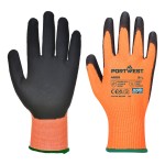 A pair of orange work gloves with cut-level D13 protection, a textured grip palm, and an elasticated cuff for a secure fit.