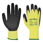 A pair of yellow work gloves with cut-level D13 protection, a textured grip palm, and an elasticated cuff for a secure fit.