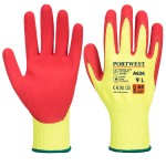 A pair of yellow work gloves with cut-level D13 protection, a textured grip palm, and an elasticated cuff for a secure fit.