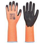 A pair of orange work gloves with a textured grip palm and adjustable wrist closure, designed for general site use.