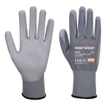 A pair of grey work gloves with a textured grip palm and adjustable wrist closure, designed for general site use.