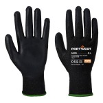 A pair of black work gloves with a textured grip palm and adjustable wrist closure, designed for general site use.