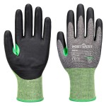 A pair of grey work gloves with cut-level C18 protection, a textured grip palm, and an elasticated cuff for a secure fit.