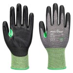 A pair of grey work gloves with cut-level C18 protection, a textured grip palm, and an elasticated cuff for a secure fit.