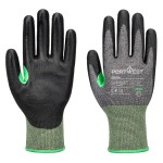 A pair of grey work gloves with cut-level C15 protection, a textured grip palm, and an elasticated cuff for a secure fit.