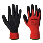A pair of red work gloves with a textured grip palm and adjustable wrist closure, designed for general site use.
