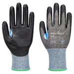 A pair of grey work gloves with cut-level D18 protection, a textured grip palm, and an elasticated cuff for a secure fit.
