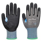 A pair of grey work gloves with cut-level D15 protection, a textured grip palm, and an elasticated cuff for a secure fit.