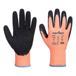 A pair of orange work gloves with cut-level D13 protection, a textured grip palm, and an elasticated cuff for a secure fit.