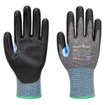 A pair of grey work gloves with cut-level D15 protection, a textured grip palm, and an elasticated cuff for a secure fit.