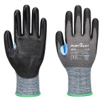 A pair of grey work gloves with cut-level D21 protection, a textured grip palm, and an elasticated cuff for a secure fit.
