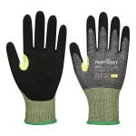 A pair of grey work gloves with cut-level E15 protection, a textured grip palm, and an elasticated cuff for a secure fit.