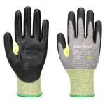 A pair of grey work gloves with cut-level E15 protection, a textured grip palm, and an elasticated cuff for a secure fit.