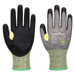 A pair of grey work gloves with cut-level E21 protection, a textured grip palm, and an elasticated cuff for a secure fit.