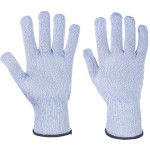 A pair of blue work gloves with cut-level D13 protection, a textured grip palm, and an elasticated cuff for a secure fit.