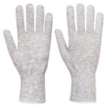 A pair of grey work gloves with cut-level F10 protection, a textured grip palm, and an elasticated cuff for a secure fit.