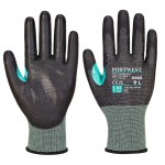 A pair of black work gloves with cut-level E18 protection, a textured grip palm, and an elasticated cuff for a secure fit.