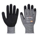 A pair of grey work gloves with cut-level E13 protection, a textured grip palm, and an elasticated cuff for a secure fit.