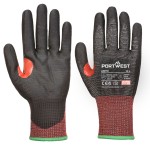 A pair of black work gloves with cut-level F13 protection, a textured grip palm, and an elasticated cuff for a secure fit.