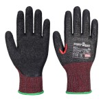 A pair of black work gloves with cut-level F13 protection, a textured grip palm, and an elasticated cuff for a secure fit.