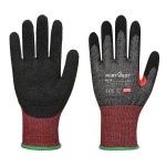 A pair of black work gloves with cut-level F13 protection, a textured grip palm, and an elasticated cuff for a secure fit.