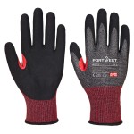 A pair of black work gloves with cut-level F18 protection, a textured grip palm, and an elasticated cuff for a secure fit.