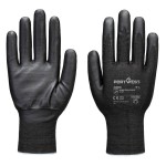 A pair of black work gloves with cut-level F21 protection, a textured grip palm, and an elasticated cuff for a secure fit.