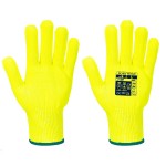 A pair of yellow work gloves with cut-level D13 protection, a textured grip palm, and an elasticated cuff for a secure fit.
