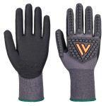 A pair of black disposable nitrile gloves with a textured fingertip for grip, offering protection against chemicals and contaminants.