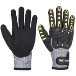 A pair of grey disposable nitrile gloves with a textured fingertip for grip, offering protection against chemicals and contaminants.